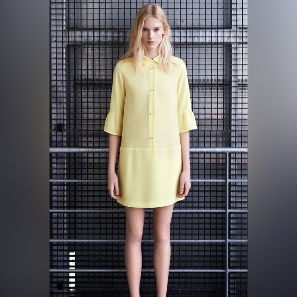 Zara Yellow Ruffle Sleeve Shift Shirt Mini Dress Size L